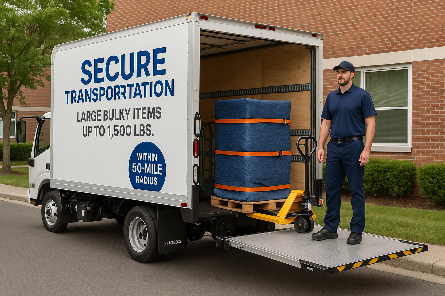 Transportation of large or bulky items (up to 1,500 lbs) within 50 miles. Includes secure tie-down and liftgate support if needed.